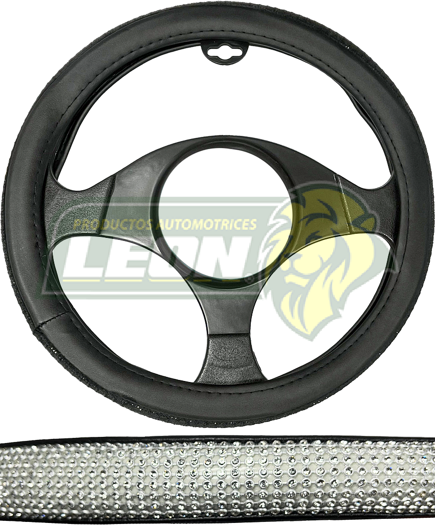 FUNDA P/VOLANTE NEGRA CON PEDRERIA T/DIAMANTE BLANCO, MEDIANA 38 cm.