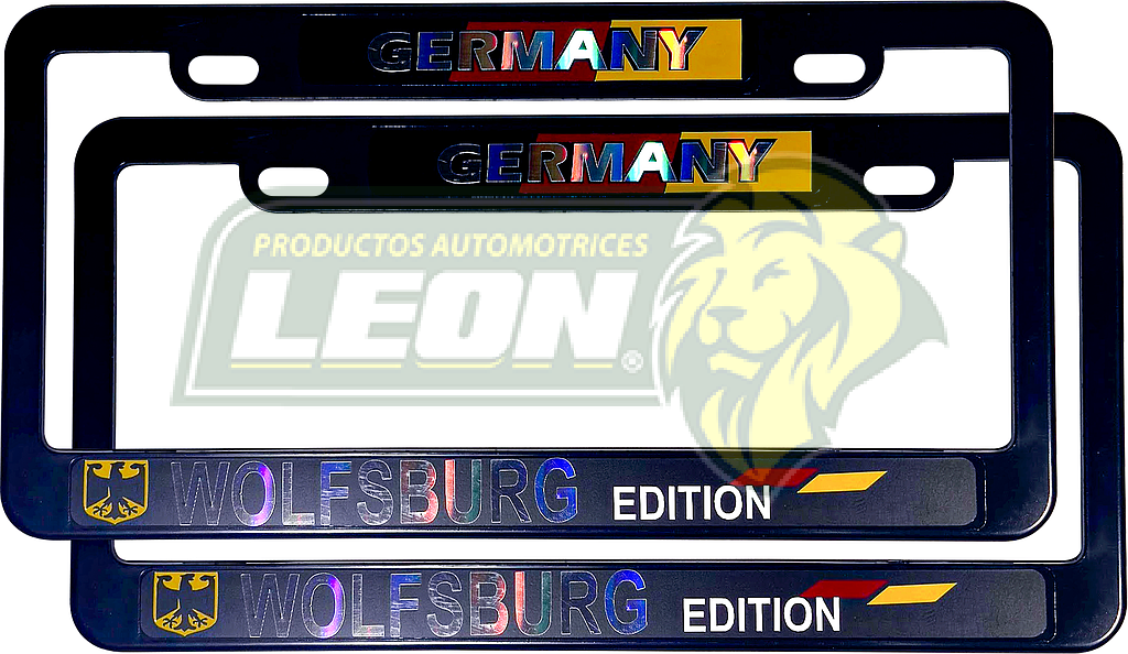 PORTAPLACAS NEGRAS UNIVERSAL C/STICKER GERMANY WOLFSBURG NACIONAL (JGO c/2 pz.)