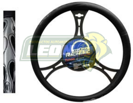 FUNDA P/VOLANTE NEGRA FLAMAS PLATA 16” VINIL (FU-3G)