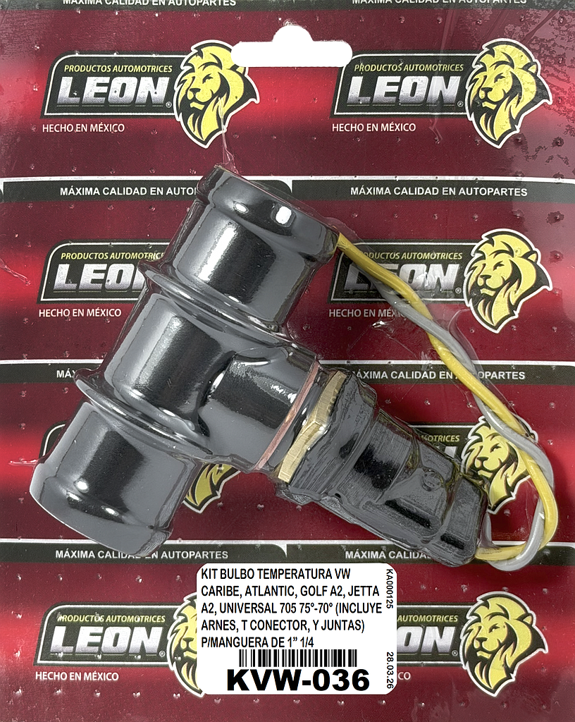 KIT BULBO TEMPERATURA VW CARIBE, ATLANTIC, GOLF A2, JETTA A2, UNIVERSAL 705 75°-70° (INCLUYE ARNES, T CONECTOR, Y JUNTAS) P/MANGUERA DE 1” 1/4