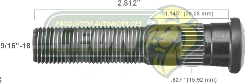 BIRLO RUEDA FORD F350 70-96, CMTA. P400 67-96 R: 9/16-18, LGO.: 2.812”, ESTR.: .627” (15.92 mm) R.T.  (B-3037)