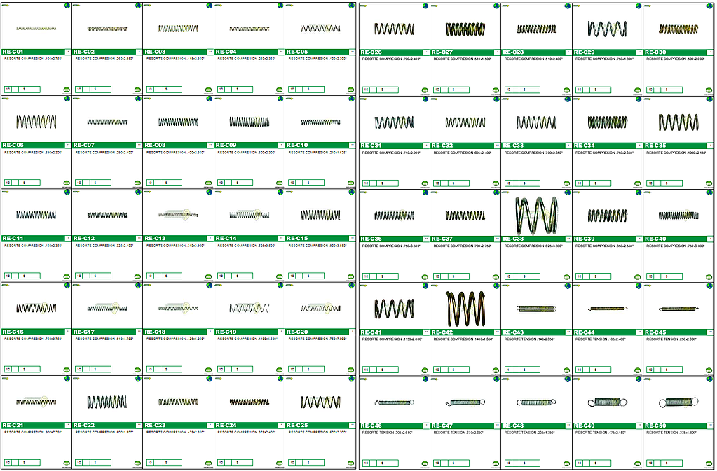MUESTRARIO DE RESORTES COMPRESION Y TENSION UNIVERSALES DEL (RE-C01 AL RE-C50)