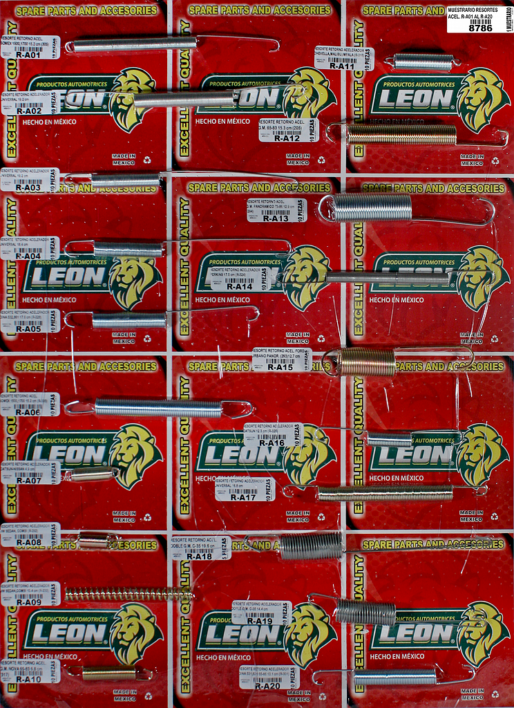 MUESTRARIO DE RESORTES DE ACELERADOR DEL R-A01 AL R-A20 (TABLA 1)