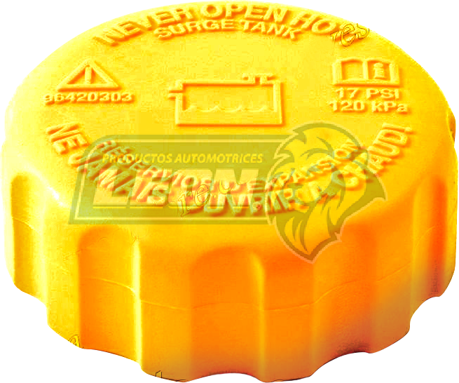 TAPON DEPOSITO ANTICONGELANTE G.M. AVEO 1.6L 08-18, TORNADO VAN L4 1.5L 22-24, OPTRA 2.0L 06-10, SPARK 1.2L 11-20, PONTIAC MATIZ 1.0L 05-14 (24527665, 94539597, 130-011) 17 psi., 120 Kpa.